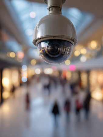 A sleek surveillance device observes bustling shoppers in a vibrant, illuminated retail space, with...
