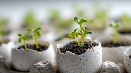 Tiny green shoots emerge from soil-lined eggshell fragments, arranged in a tight cluster, evoking themes of renewal, sustainability, and gentle nurturing under warmの写真素材