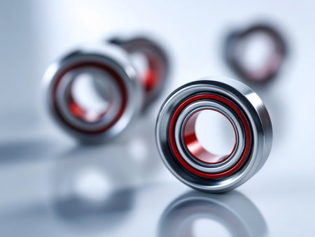 Shiny metallic spheres with vivid red seals showcase engineering mastery, arranged meticulously on a polished surface that accentuates their mechanical precision undの写真素材