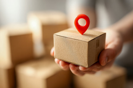 A hand firmly grips a tiny parcel marked with a vibrant red pin, emphasizing dependable delivery and pinpoint accuracy in modern logistics and online retail.の写真素材