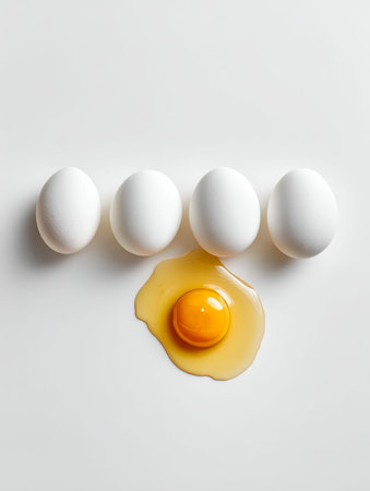 A neat row of eggs showcases one broken shell exposing a vibrant yolk and translucent white, set...