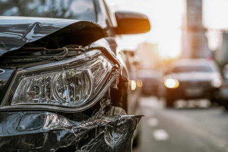 A dark-colored car exhibits severe front-end damage, including a shattered headlight and crumpled bumper, set against a bustling cityscape at sunset with motion-blurred tの写真素材