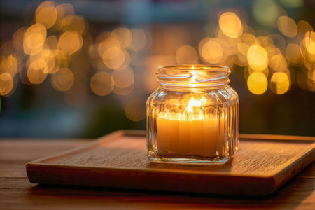 A softly flickering candle in a transparent jar rests on a rustic wooden tray, framed by gentle golden orbs that evoke warmth and serenity.の写真素材
