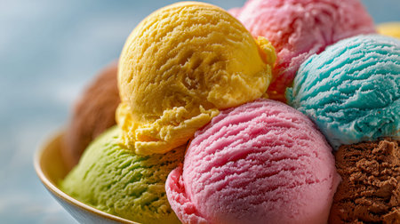 An inviting display of cheerful, multi-hued frozen desserts featuring fruity and chocolate flavors,...