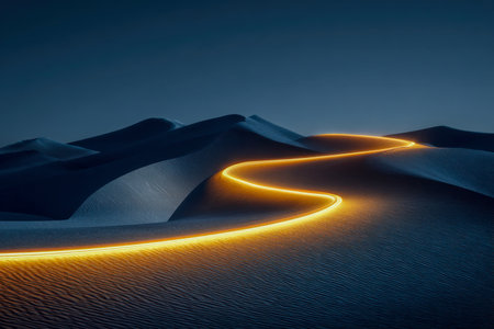 A luminous streak of gold weaves across shadowed dunes as twilight deepens, highlighting tranquil contours and evoking a sense of mystical desert serenity.の写真素材