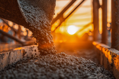 Workers carefully pour liquid cement into a form, bathed in golden sunset glow, highlighting the early stages of a new structure with industrial backdrop.の写真素材