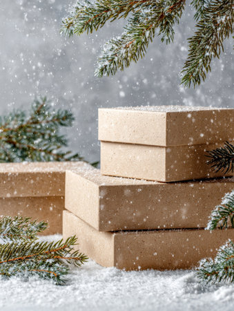 Vibrant holiday presents layered atop a snow-dusted ground, framed by lush evergreen boughs, against a softly falling snow that evokes warmth and seasonal cheer.の写真素材