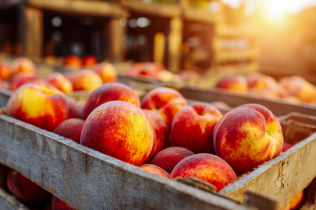 Sunlit orchard scene featuring golden peaches in rustic wooden bins, capturing the aroma of late-season harvest under a gentle afternoon glow.の写真素材