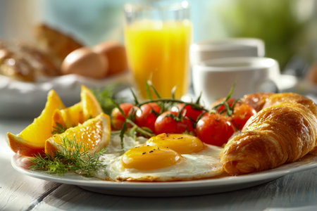 A vibrant morning spread showing perfectly cooked eggs, sweet orange slices, ripe vine tomatoes, a...