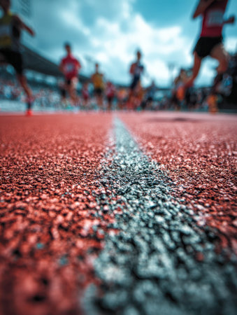 A detailed shot of the track?s gritty surface, with blurred athletes charging forward under a clear, sunlit sky, capturing energy and speed in a competitive race.の写真素材