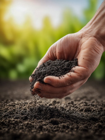 A caring hand delicately sifts through fertile dark earth amid lush greenery, basked in golden sunlight, capturing themes of cultivation, hope, and natural renewal.の写真素材