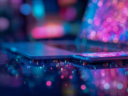 A sleek, contemporary desk setup featuring a glowing smartphone and laptop, their surfaces shimmering with lively hues that evoke a cutting-edge, imaginative vibe agの写真素材