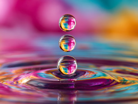 Dynamic droplets glow with vivid hues as they hover over a mirror-like liquid, forming mesmerizing ripples and a dazzling spectrum of rainbow reflections.の写真素材