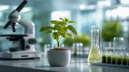 A vibrant green sprout thriving in a sleek white container amid laboratory glassware and a precision...
