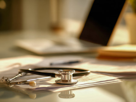 A gentle glow of natural light illuminates a doctor's workspace, showcasing a stethoscope atop patient charts and essential healthcare equipment arranged neatly in aの写真素材