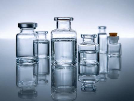 Elegant glass containers with pristine liquids resting on a glossy surface, set against a gentle blue backdrop, perfect for illustrating scientific precision.の写真素材