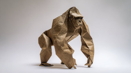 A lifelike, multi-faceted paper gorilla, meticulously folded in 3d with textured surfaces, rests against a simple, understated background illuminated by gentle lightの写真素材