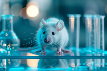 High quality photo of white laboratory mouse with test tubes in biolab on blurred backgroundの写真素材