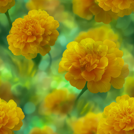 Bright marigolds cascade in full bloom, their fiery hues contrasting lush greenery, creating a tranquil, uplifting garden scene.の写真素材