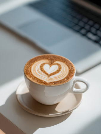 A velvety coffee beverage adorned with detailed heart-shaped foam art rests on a neutral-toned saucer, complemented by a laptop, amidst warm morning sunlight on a sleek wの写真素材