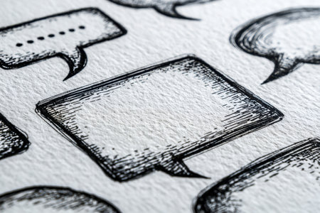 An assortment of varied speech symbols and dialogue frames sketched in black ink on rough-textured paper, representing dynamic ideas and interactive communication thの写真素材
