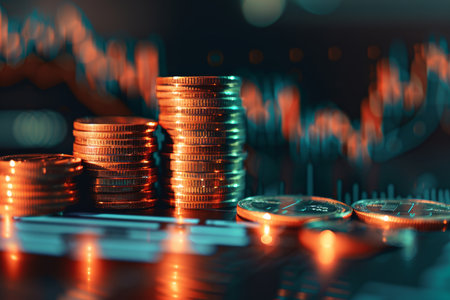 Financial growth. stack of coins with upward chart showing business marketing successの写真素材