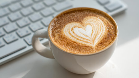 A warm beverage featuring intricate heart-shaped foam art rests beside a keyboard, creating an inviting workspace perfect for focused studies or creative tasks.の写真素材