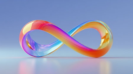 A luminous, glass-like sculpture featuring endless curves in vivid rainbow hues, rests on a glossy surface, creating a sleek, contemporary aesthetic against a calming bluの写真素材