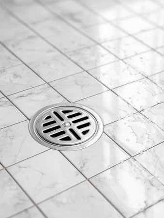 A sleek stainless steel drain embedded seamlessly into polished white marble tiles, with glistening water droplets catching gentle sunlight in a luxurious bathroom aの写真素材