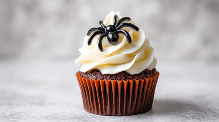 A festive chocolate cupcake adorned with smooth white icing and a spooky black spider decoration, set against a sleek marble tabletop with a softly blurred backdrop.の写真素材