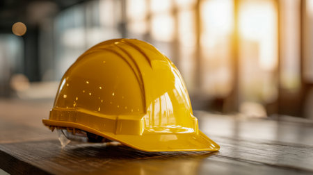 A vibrant yellow protective helmet lies on weathered wood, illuminated by warm sunlight, with a softly blurred workspace hinting at ongoing building projects.の写真素材