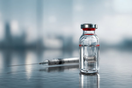 A sleek glass container filled with a transparent solution rests on a mirror-like surface, accompanied by a softly blurred syringe, capturing the precision of medical preの写真素材