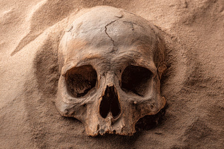 An aged skull, with intricate fractures and surface detail, rests partially hidden within soft sand,...