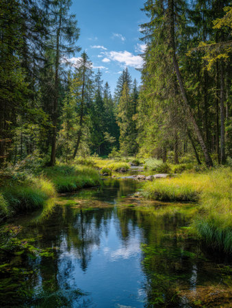 A tranquil woodland scene featuring a soft babbling stream weaving through flourishing foliage and lively grasses beneath a cheerful, cloud-dotted sky.の写真素材