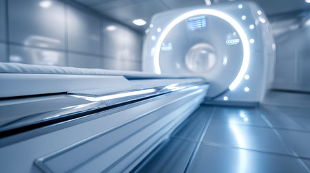 A sleek, advanced imaging device with a glowing ring and streamlined table in a spotless, futuristic hospital environment, embodying cutting-edge medical technology.の写真素材