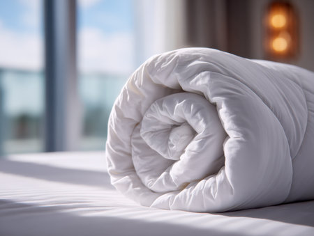 A pristine white blanket artfully folded atop a bed, bathed in gentle daylight streaming through a nearby window, creating a serene and inviting bedroom scene.の写真素材