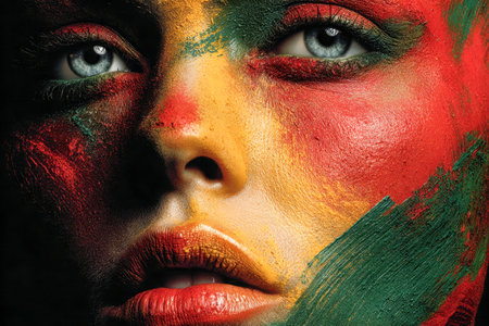 A striking portrait highlighting fierce eyes and bold brushwork, with lively splashes of color across her features, embodying artistic flair and passionate self-exprの写真素材