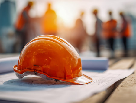 A safety helmet placed on detailed blueprints as workers converse over project strategies amidst a warm sunset glow on the construction site.の写真素材