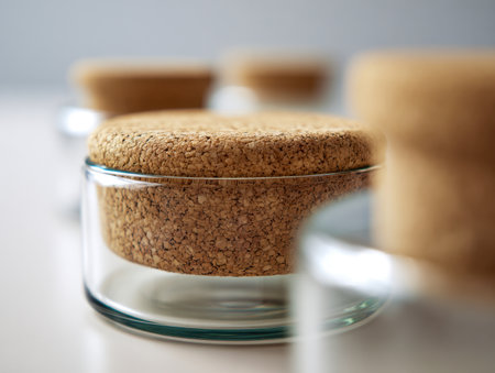 Elegant glass containers with earthy cork tops line a bright surface, their clarity highlighting contents, while a gentle blurred backdrop suggests organized storage or aの写真素材