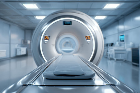 A sleek, state-of-the-art imaging device stands in a futuristic hospital suite, ready to facilitate...