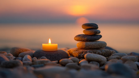 Gentle dusk light illuminates polished stones and a flickering candle on a pebble-strewn shore, evoking serenity and mindful repose beside the tranquil sea.の写真素材
