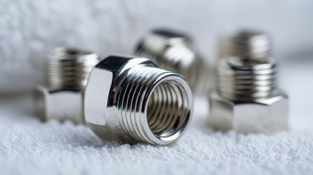 Polished metal connectors expertly aligned on a plush white textured background, showing meticulous engineering details and refined industrial aesthetics.の写真素材