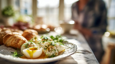 Warm sunlight bathes a rustic table, showcasing herb-topped boiled eggs seasoned with black pepper beside crisp, golden-baked pastries, evoking cozy breakfast vibes.の写真素材