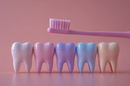 A vibrant pink brush hovers over a lineup of gentle pastel smiles, set against a delicate pink canvas, emphasizing freshness, health, and dental wellness.の写真素材