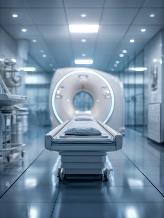 A contemporary clinical space housing a state-of-the-art mri machine, with a comfortable patient bed in a pristine, minimalist environment highlighting cutting-edge diagnoの写真素材