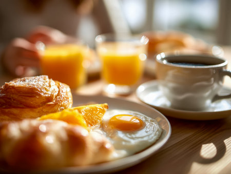 Sunlight illuminates a welcoming morning scene with a perfectly cooked egg, juicy orange segments, flaky croissants, refreshing juice, and a warm cup of coffee.の写真素材