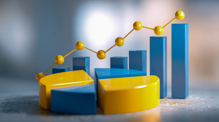 A vibrant 3d visualization features a multicolored pie chart alongside an ascending yellow line and...