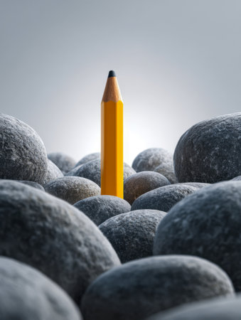 A vibrant yellow pencil elevates among sleek gray pebbles, embodying individuality and innovative spirit within a clean, minimalist environment.の写真素材