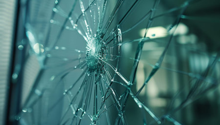Close-up of vandalized office window pane with shattered glass, vandalism concept