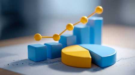 A vibrant 3d visualization combining a segmented pie chart and layered bar graph interconnected by nodes, set against a financial report backdrop, highlighting data analysisの写真素材
